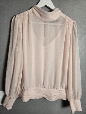White House Black Market Light Pink Sheer Mock Neck Blouse Size 12